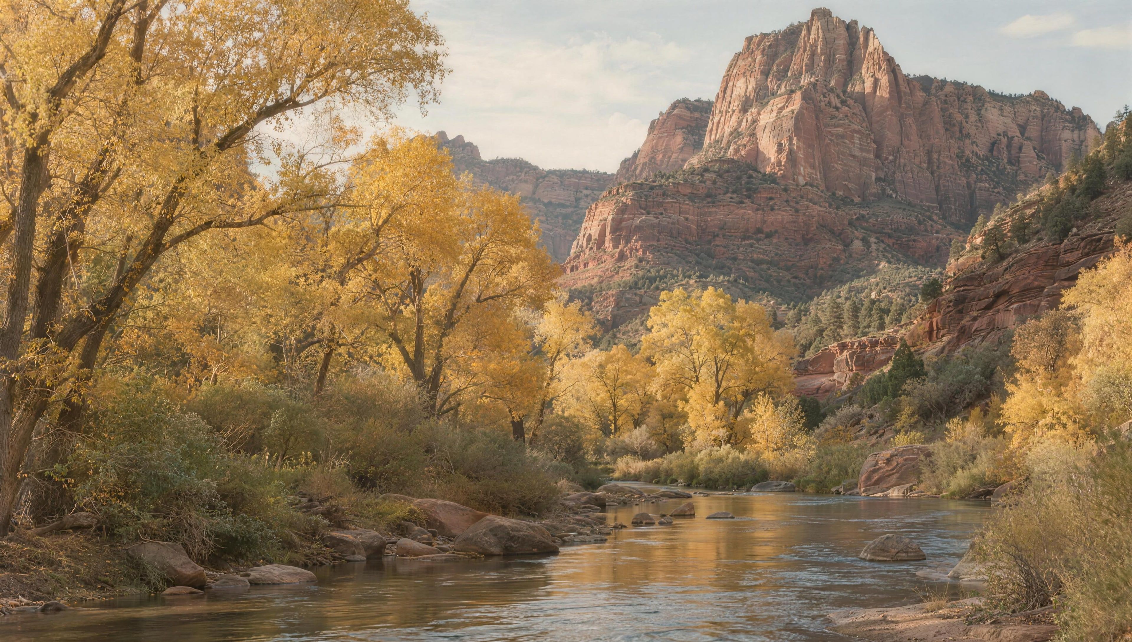 Cottonwood trees in golden autumn color along Oak Creek with red rocks behind