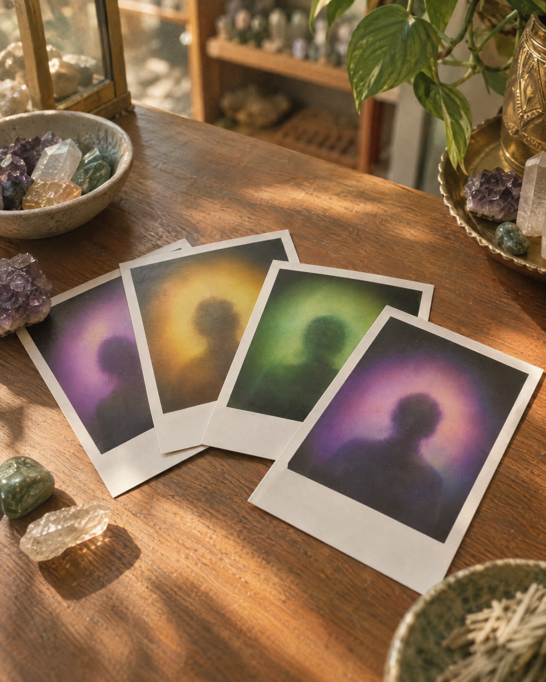 Several instant aura photographs fanned on a wooden counter, each showing a soft head-and-shoulders silhouette surrounded by glowing halos of violet
